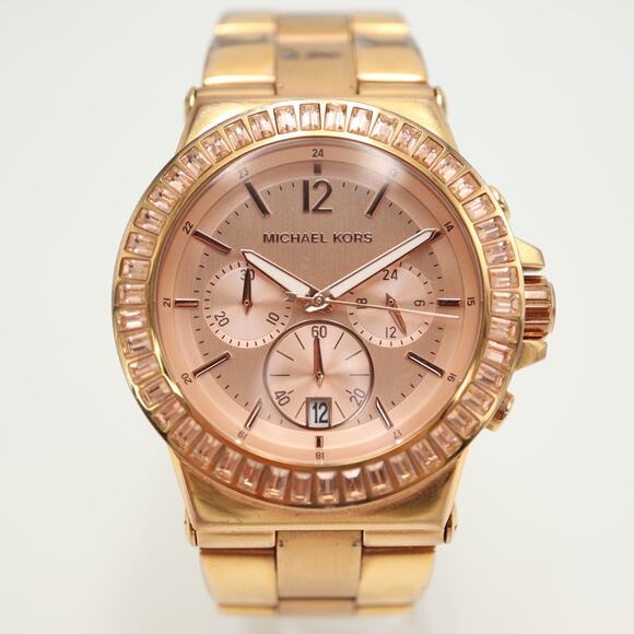 Michael Kors Dylan Rose Gold Tone Chronograph Watch Gem Bezel MK5412 New Battery - Picture 5 of 12